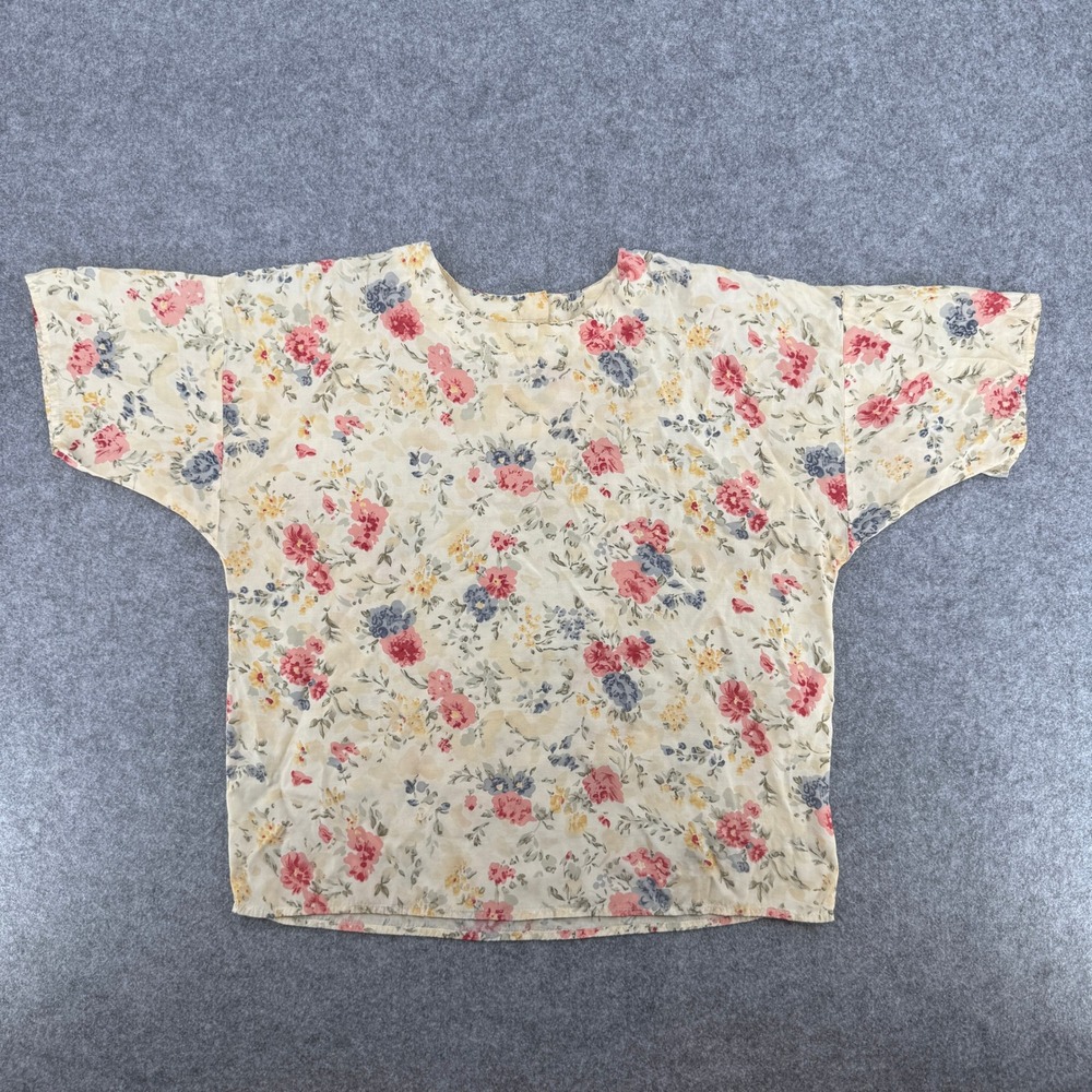 Vintage Floral Cream Rayon Short Sleeve Lee David Collection Blouse Womens M
